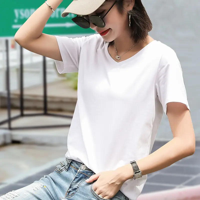 Women Cotton T-Shirt Navy Blue Loose Crew Neck Short Sleeve - Image 16
