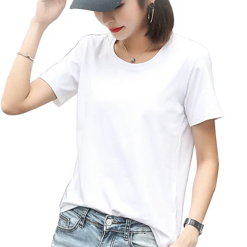 Women Cotton T-Shirt Navy Blue Loose Crew Neck Short Sleeve - Image 17