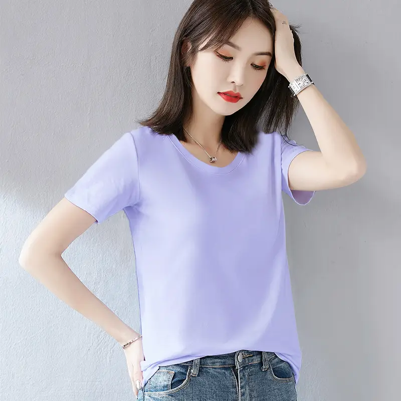 Women Cotton T-Shirt Navy Blue Loose Crew Neck Short Sleeve - Image 11
