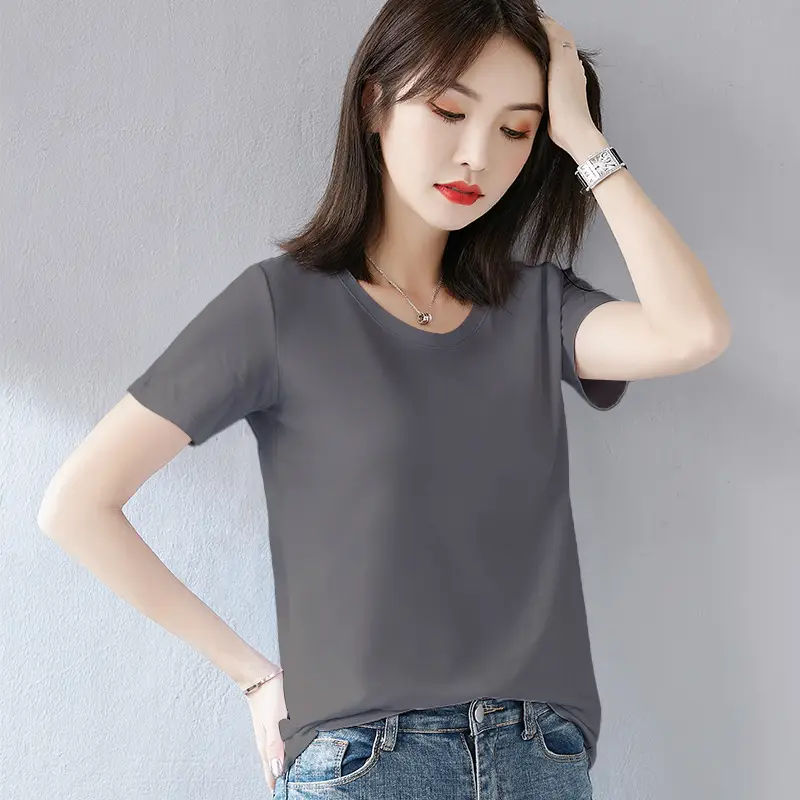 Women Cotton T-Shirt Navy Blue Loose Crew Neck Short Sleeve - Image 8