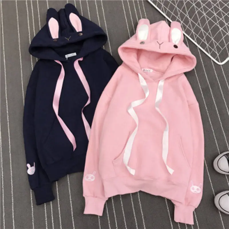 Japanese Style Velvet Hooded Sweatshirt with Rabbit Ears & Heart Mask - Image 4