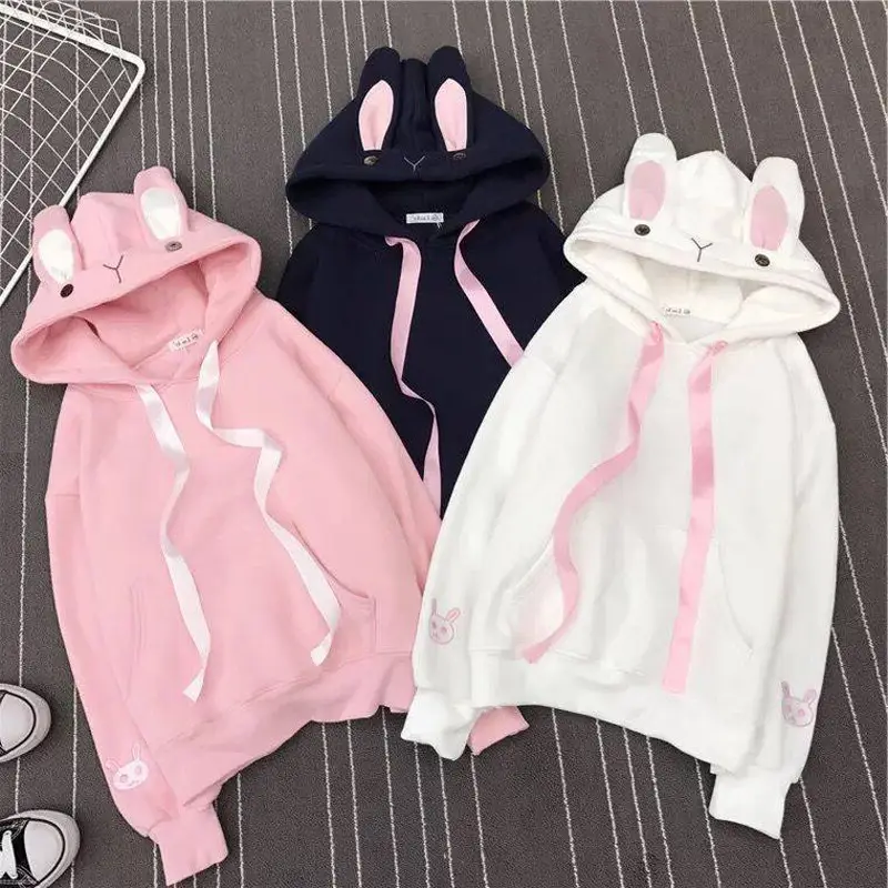 Japanese Style Velvet Hooded Sweatshirt with Rabbit Ears & Heart Mask - Image 5