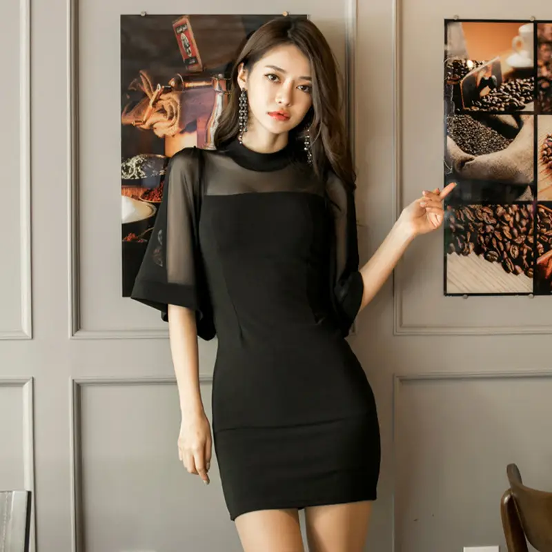 Black Crossbody Dress with Mesh Sleeve & Short Skirt - Image 2