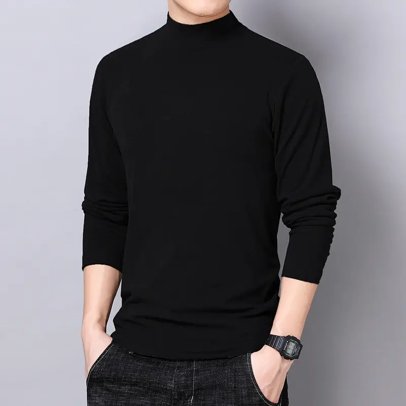 Men's Black Fleece Long-Sleeve Collar T-Shirt