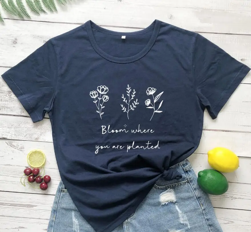 Women Pink Floral Printed T-Shirt "Bloom Where You Are Planted"