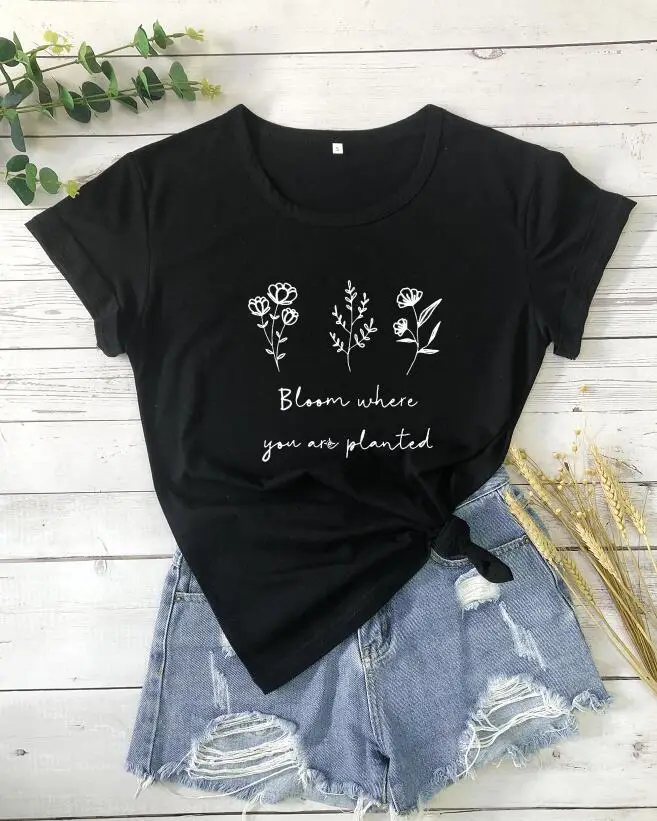 Women Pink Floral Printed T-Shirt "Bloom Where You Are Planted"