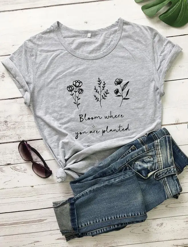 Women Pink Floral Printed T-Shirt "Bloom Where You Are Planted"