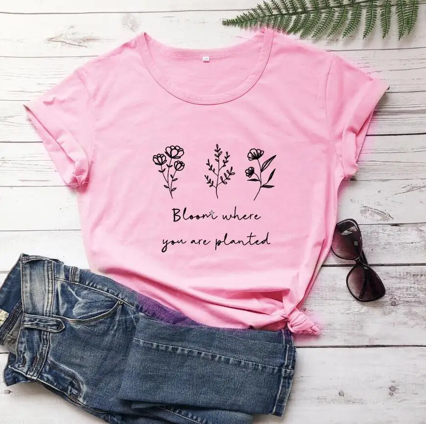 Women Pink Floral Printed T-Shirt "Bloom Where You Are Planted"