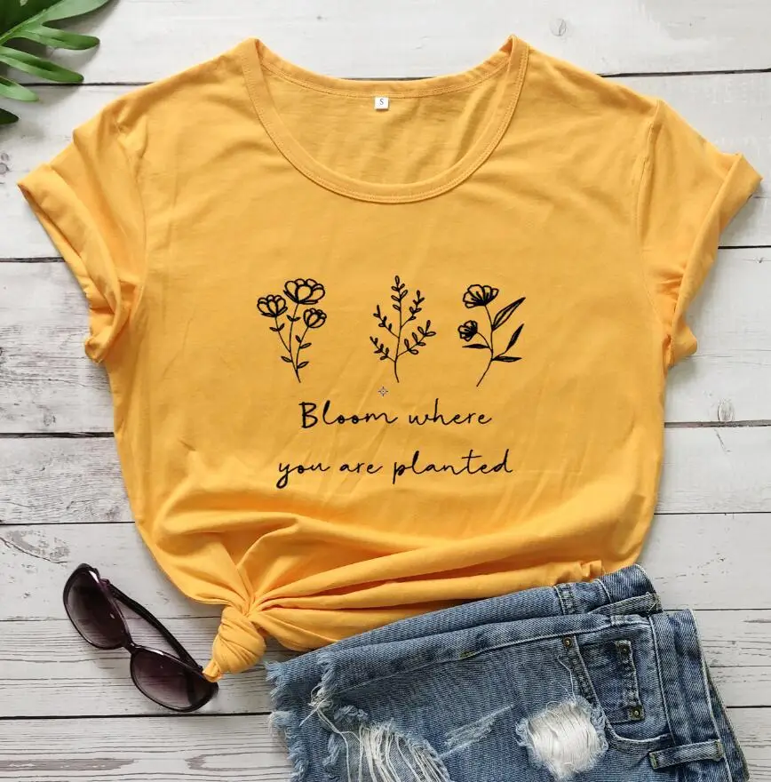 Women Pink Floral Printed T-Shirt "Bloom Where You Are Planted"