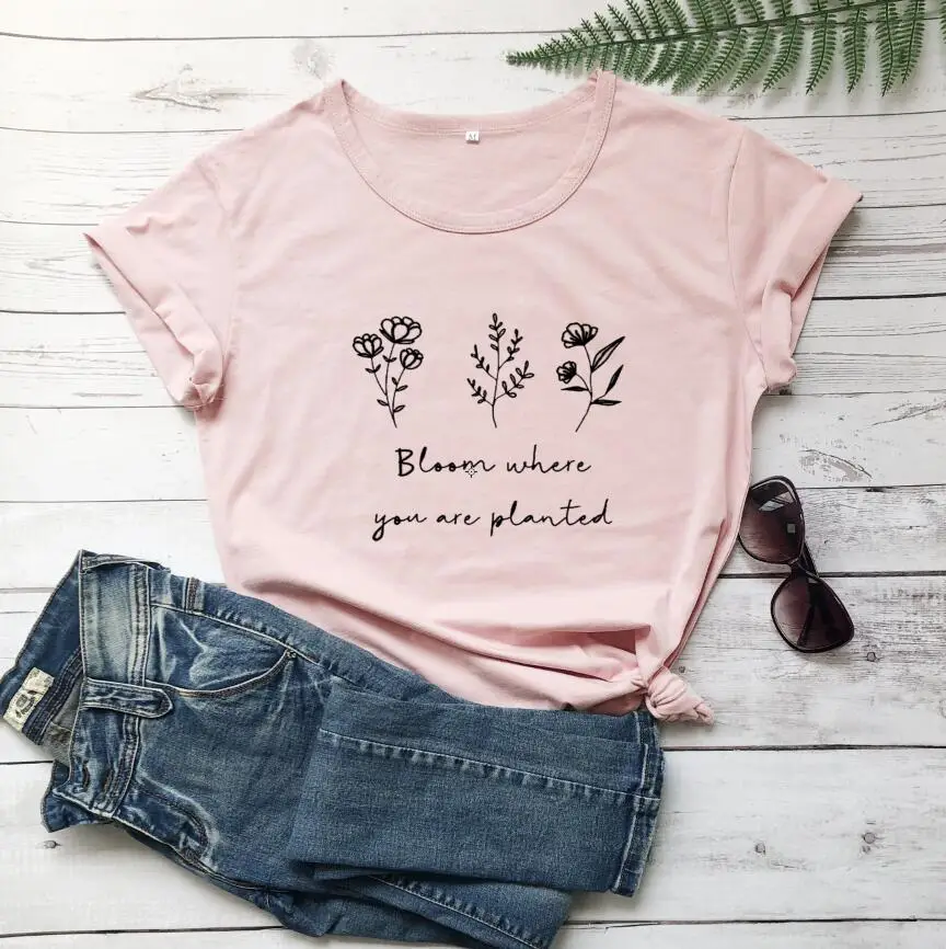 Women Pink Floral Printed T-Shirt "Bloom Where You Are Planted"