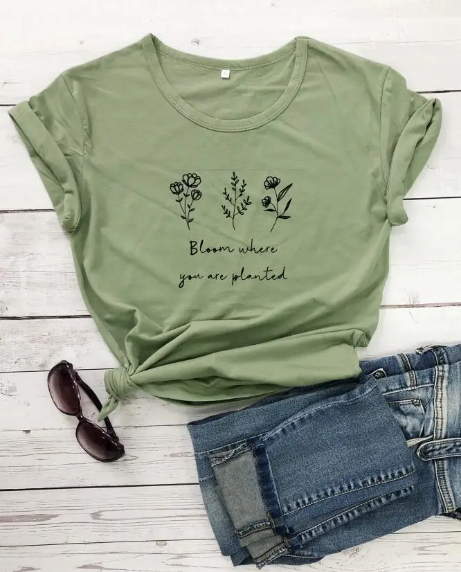 Women Pink Floral Printed T-Shirt "Bloom Where You Are Planted"