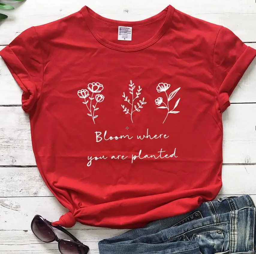 Women Pink Floral Printed T-Shirt "Bloom Where You Are Planted"