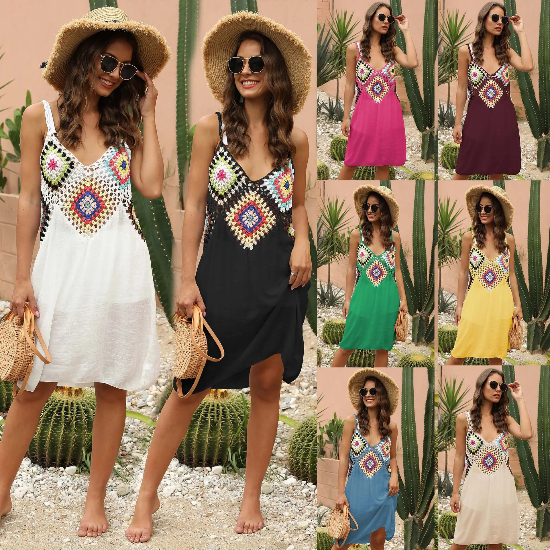 Women's Black Patchwork Crochet Beach Dress with Hollow Strap - Image 9