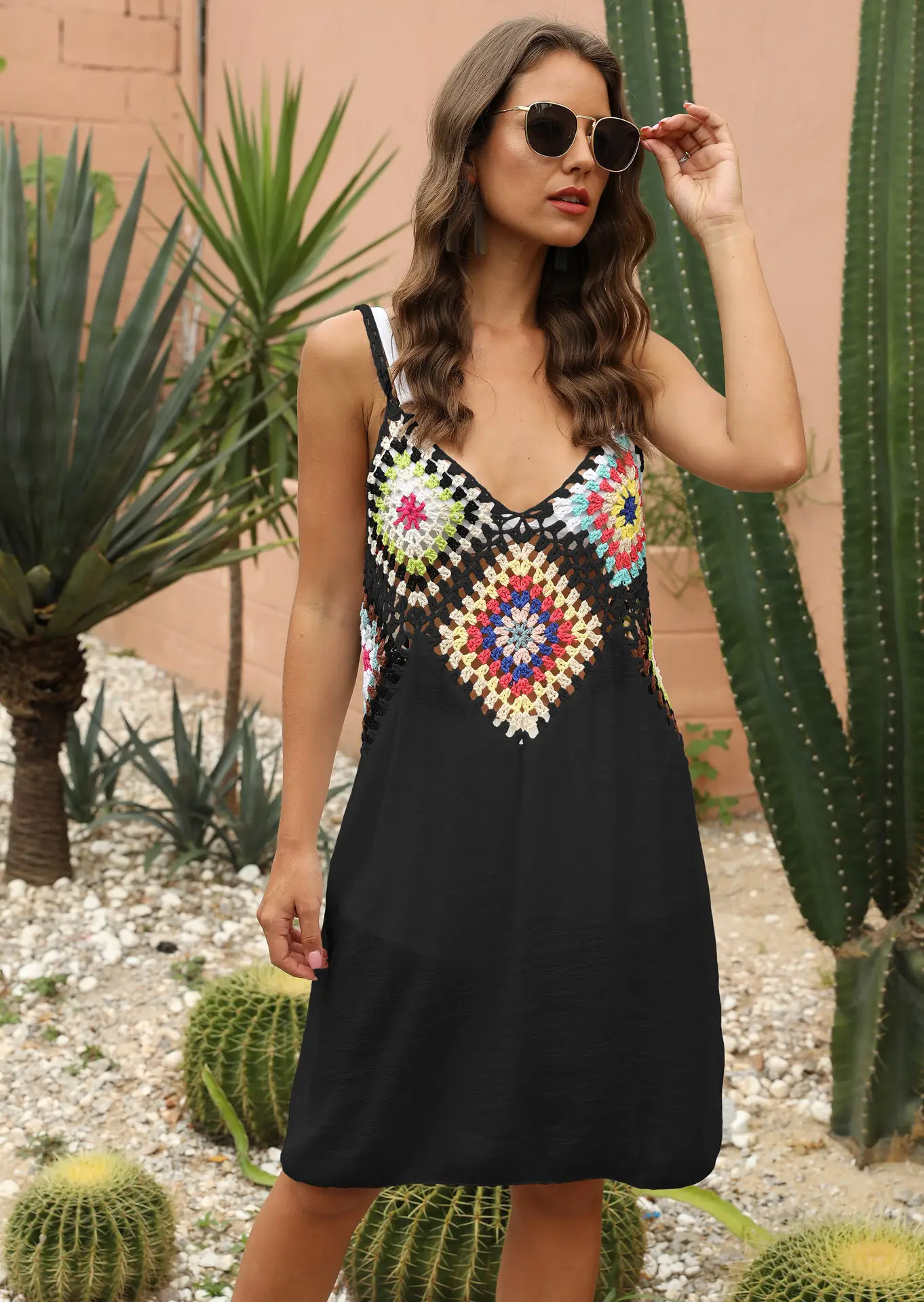 Women's Black Patchwork Crochet Beach Dress with Hollow Strap - Image 10