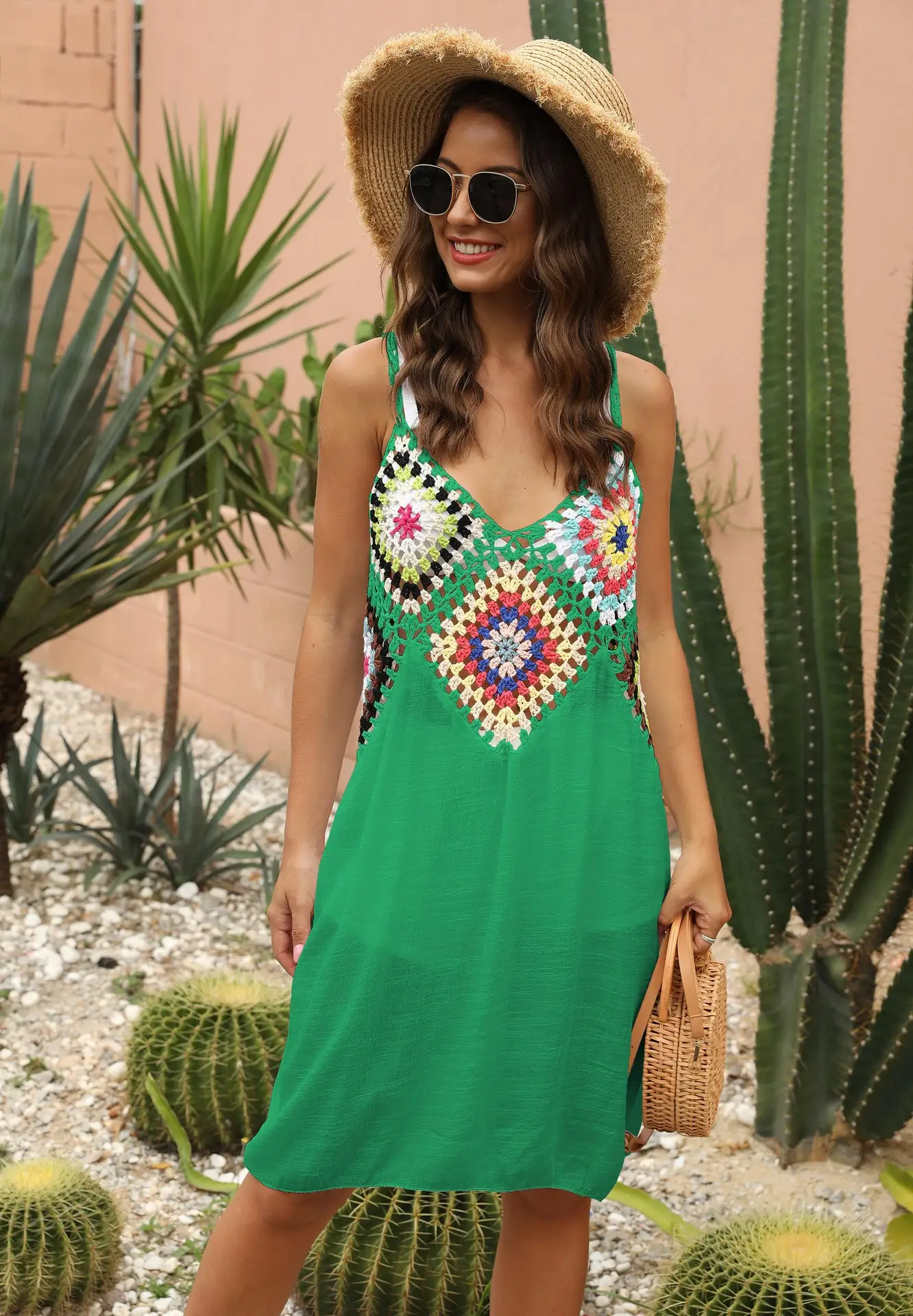 Women's Black Patchwork Crochet Beach Dress with Hollow Strap - Image 11