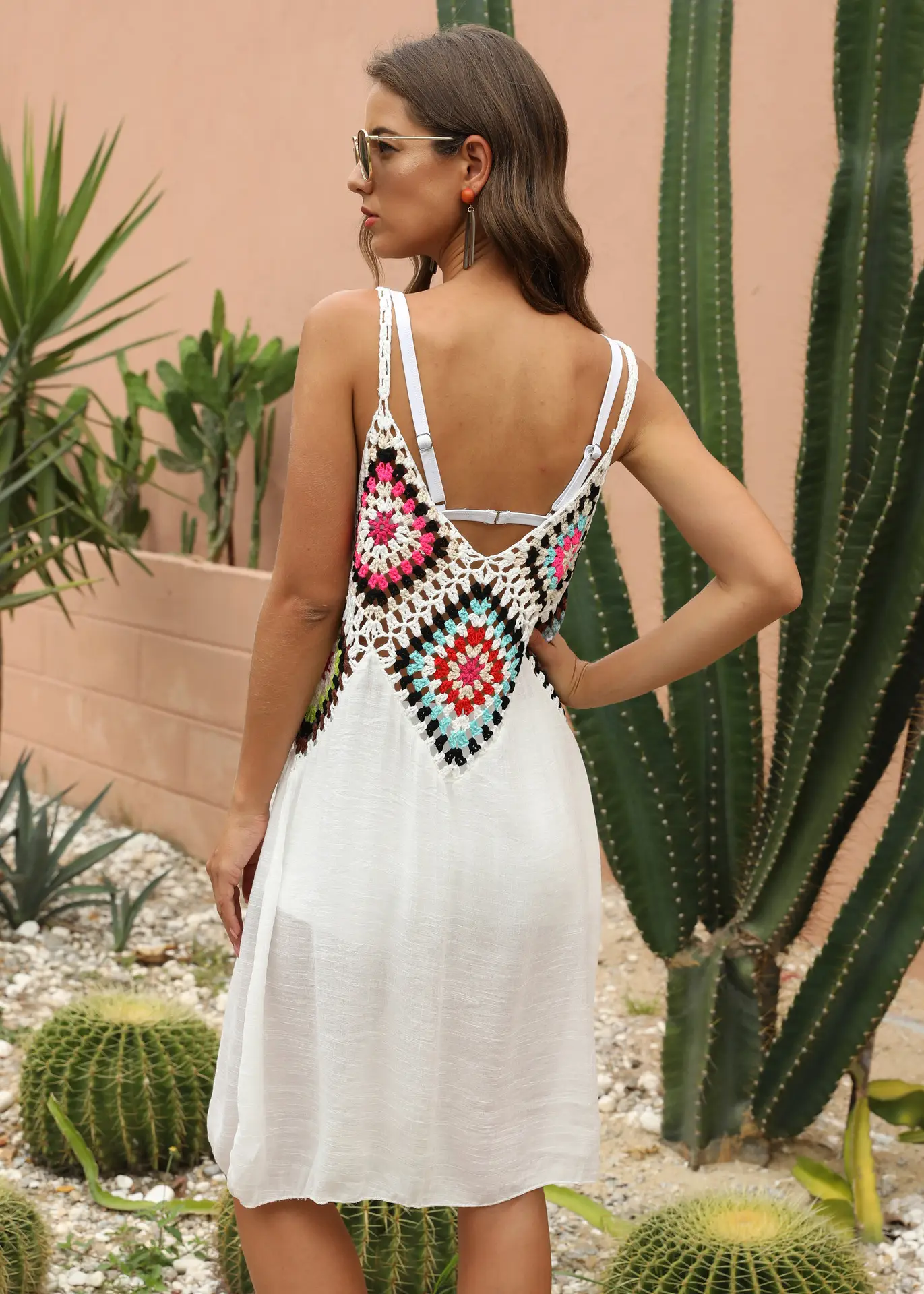 Women's Black Patchwork Crochet Beach Dress with Hollow Strap - Image 12