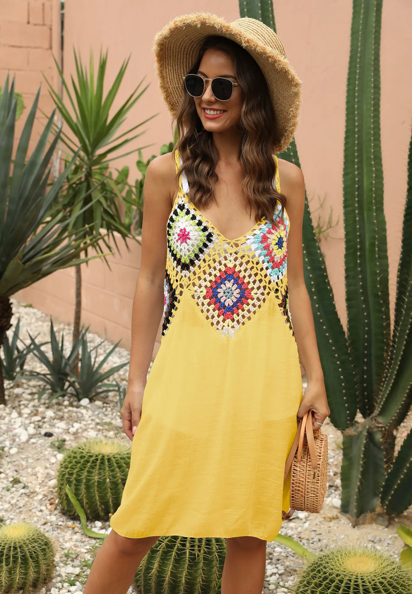 Women's Black Patchwork Crochet Beach Dress with Hollow Strap - Image 2
