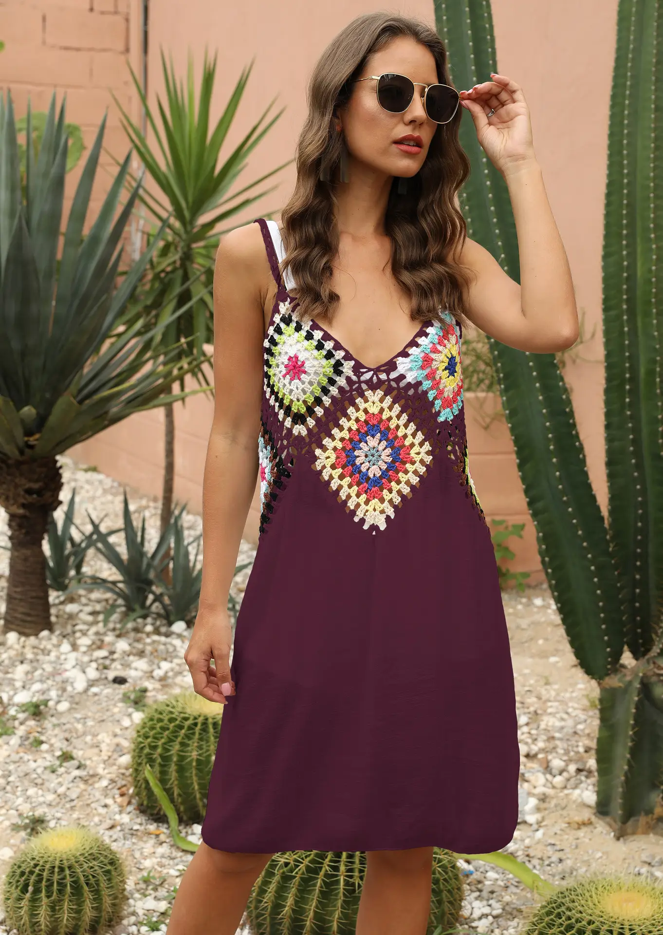 Women's Black Patchwork Crochet Beach Dress with Hollow Strap - Image 3
