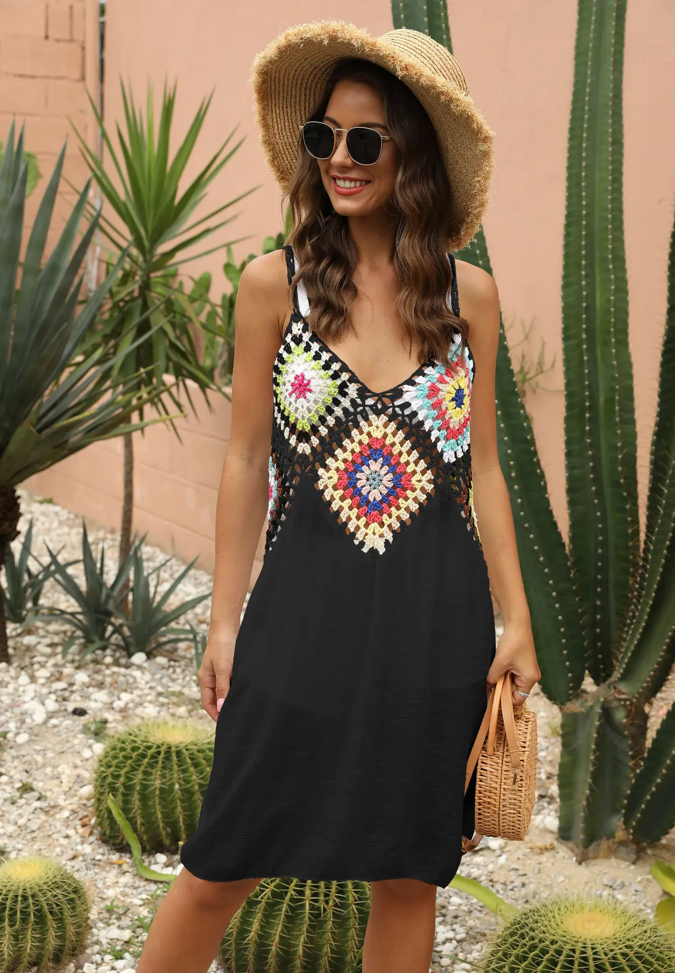 Women's Black Patchwork Crochet Beach Dress with Hollow Strap - Image 4