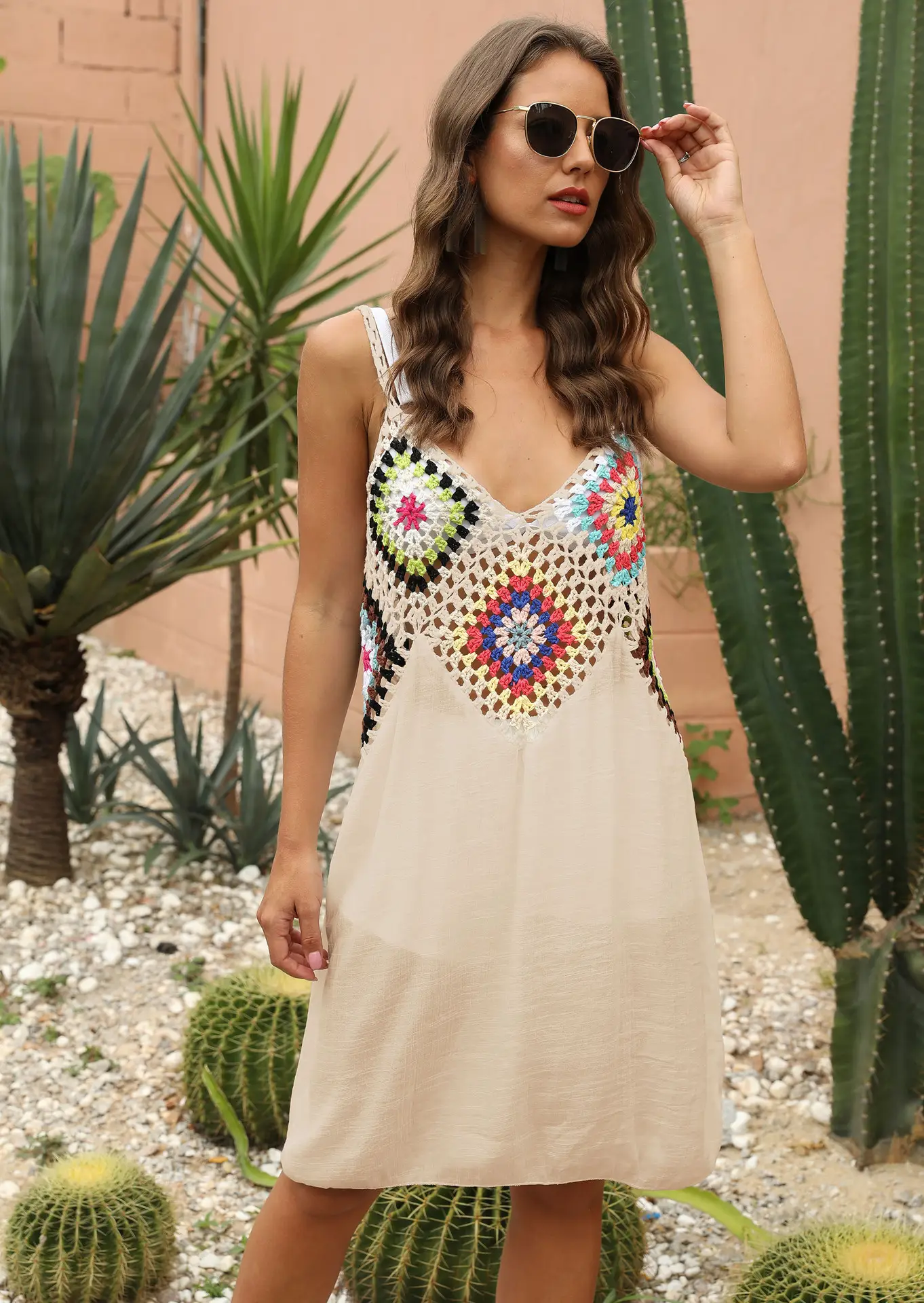 Women's Black Patchwork Crochet Beach Dress with Hollow Strap - Image 5