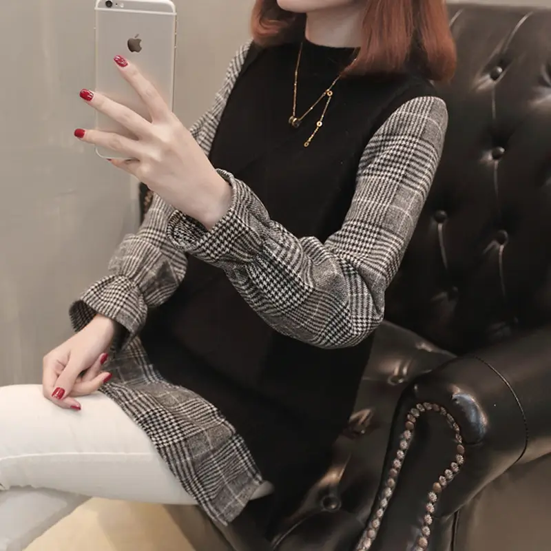 Women Plaid Knit Long Sleeve Sweater Mid Length 2026 - Image 8