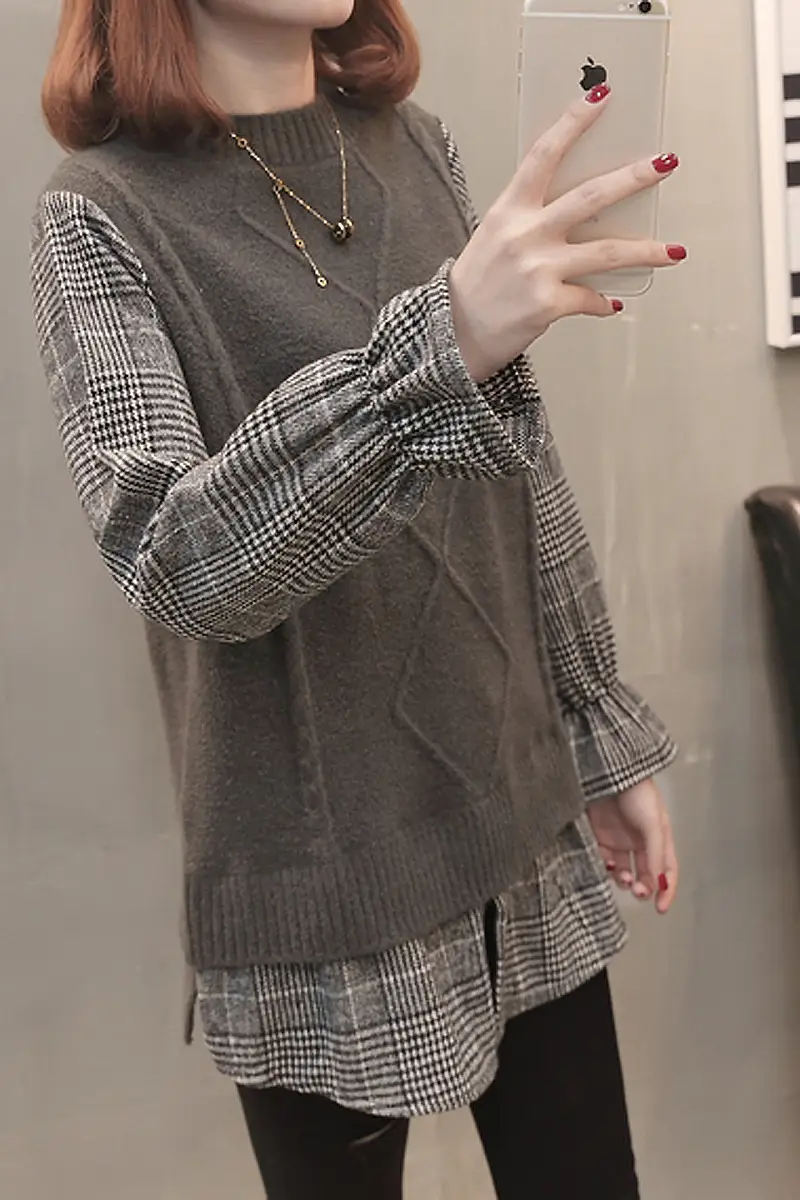 Women Plaid Knit Long Sleeve Sweater Mid Length 2026 — feature 2