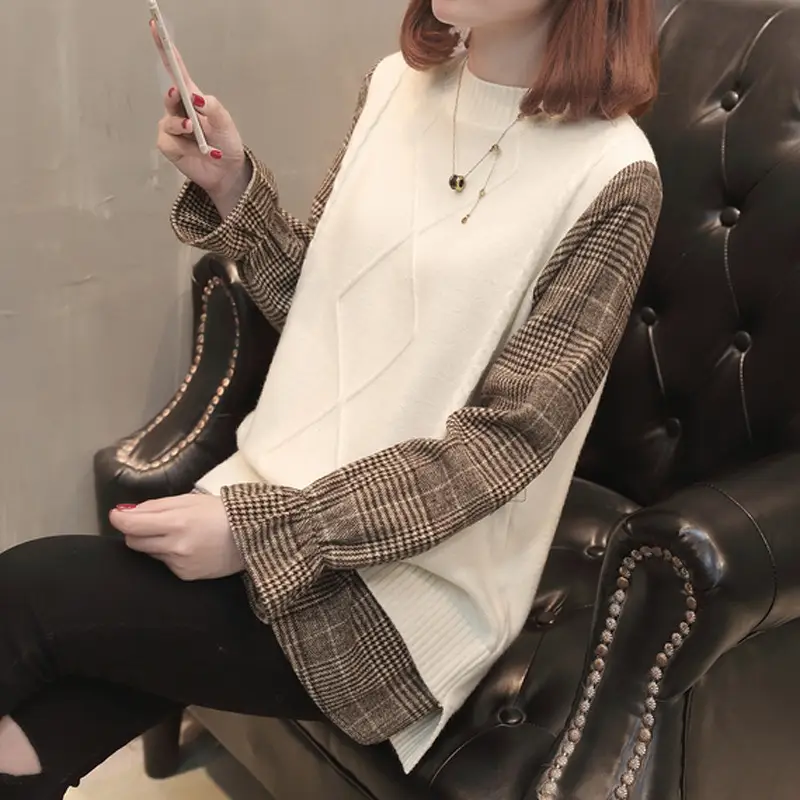 Women Plaid Knit Long Sleeve Sweater Mid Length 2026 — feature 4
