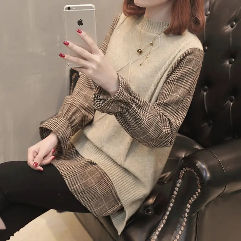 Women Plaid Knit Long Sleeve Sweater Mid Length 2026 - Image 2