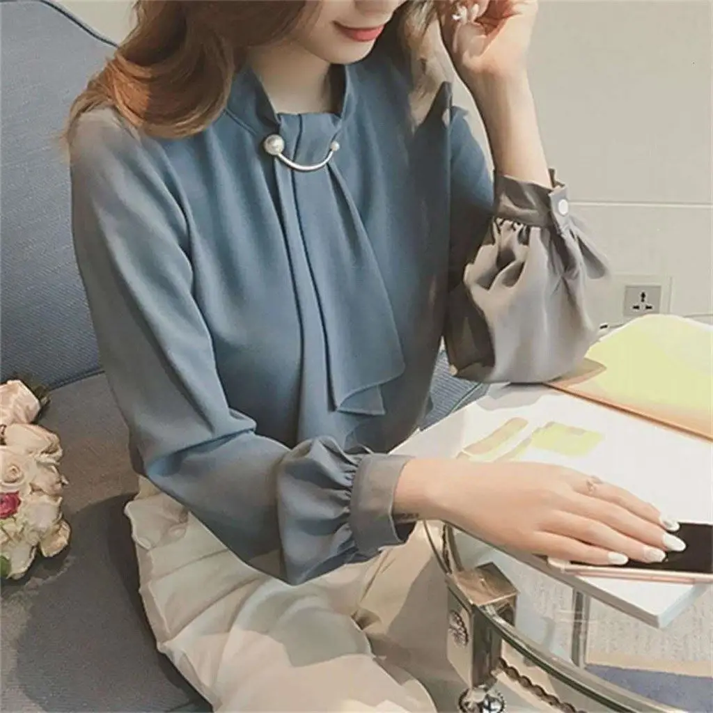 Women's Chiffon Ring Button Pullover Shirt Beige Long Sleeve