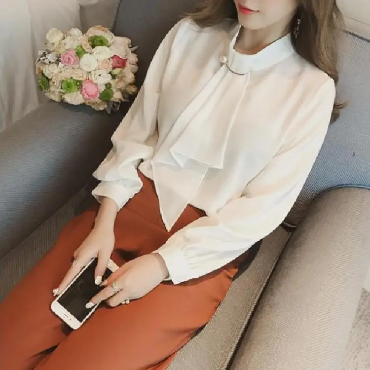 Women's Chiffon Ring Button Pullover Shirt Beige Long Sleeve