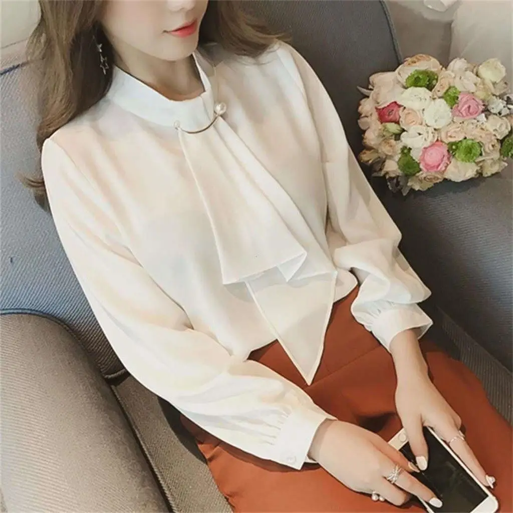 Women's Chiffon Ring Button Pullover Shirt Beige Long Sleeve