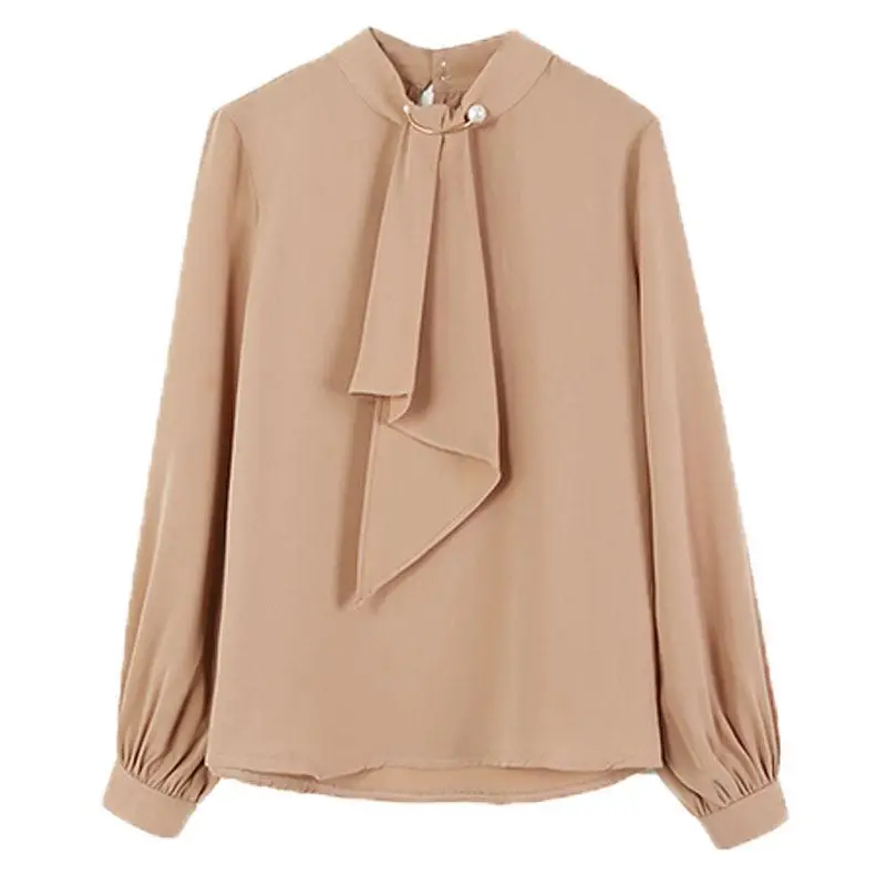 Women's Chiffon Ring Button Pullover Shirt Beige Long Sleeve