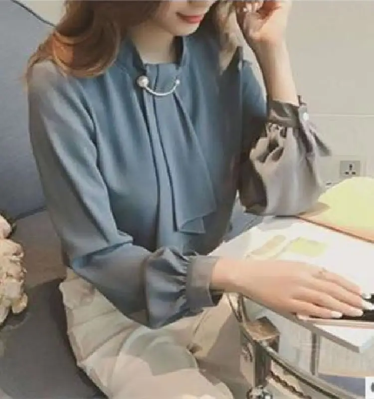 Women's Chiffon Ring Button Pullover Shirt Beige Long Sleeve