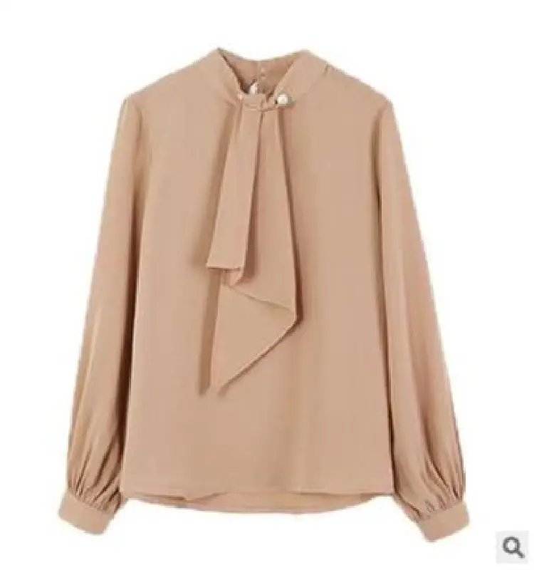 Women's Chiffon Ring Button Pullover Shirt Beige Long Sleeve