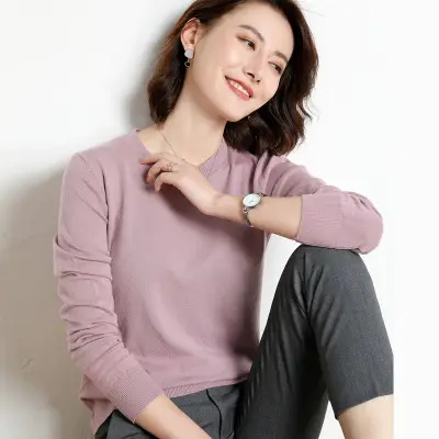Women Purple Knit Pullover Round Neck Long Sleeve - Image 9