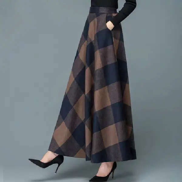 Plaid A-Line Skirt Large Swing Long Skirt Women Spring Autumn - Image 5