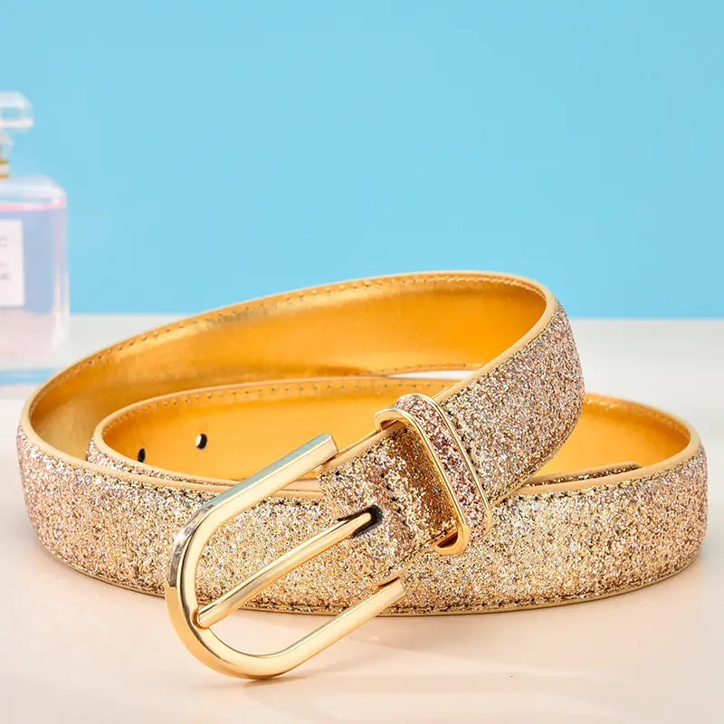 Gold Faux Leather Women's Belt with Sparkle Detail