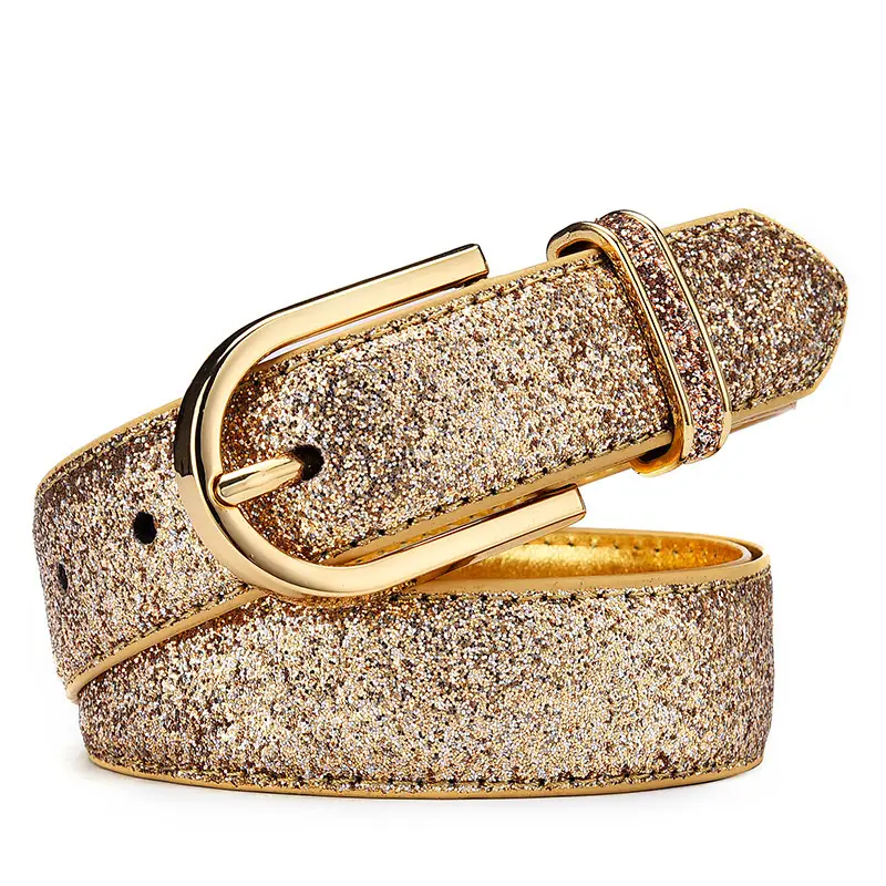 Gold Faux Leather Women's Belt with Sparkle Detail