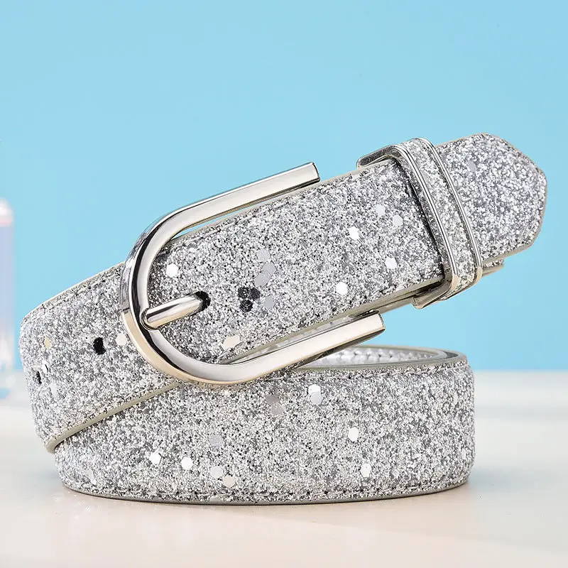 Gold Faux Leather Women's Belt with Sparkle Detail