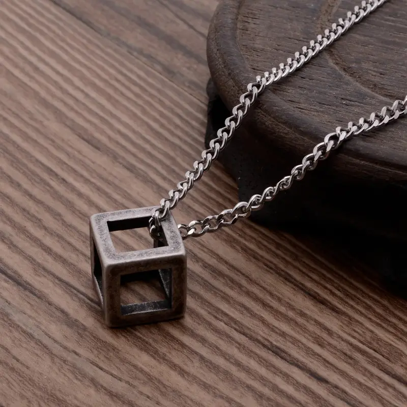 Titanium Cube Pendant Necklace for Men - Image 2