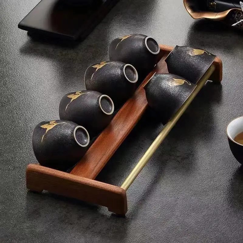 Ebony Wood Tea Cup Holder with Gold Rails - Image 6