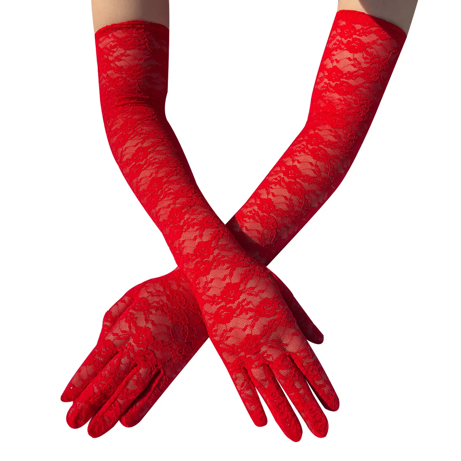 Red Lace Full Finger Gloves 54cm Driving Wedding - Image 3