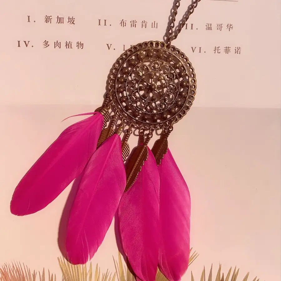 Retro Feather Necklace Pink Bohemian Long Pendant - Image 10
