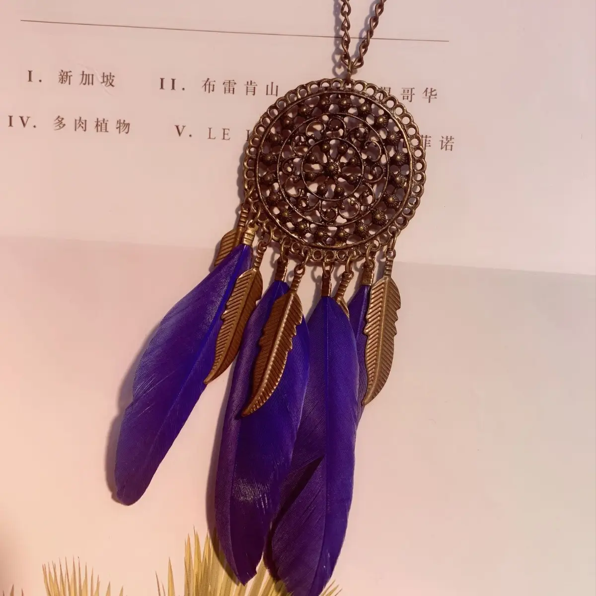 Retro Feather Necklace Pink Bohemian Long Pendant - Image 11