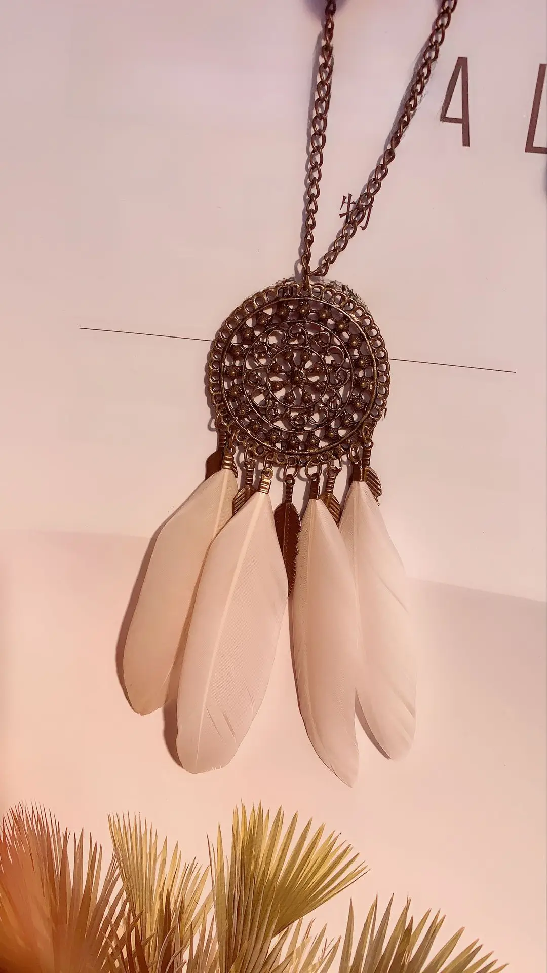 Retro Feather Necklace Pink Bohemian Long Pendant - Image 4