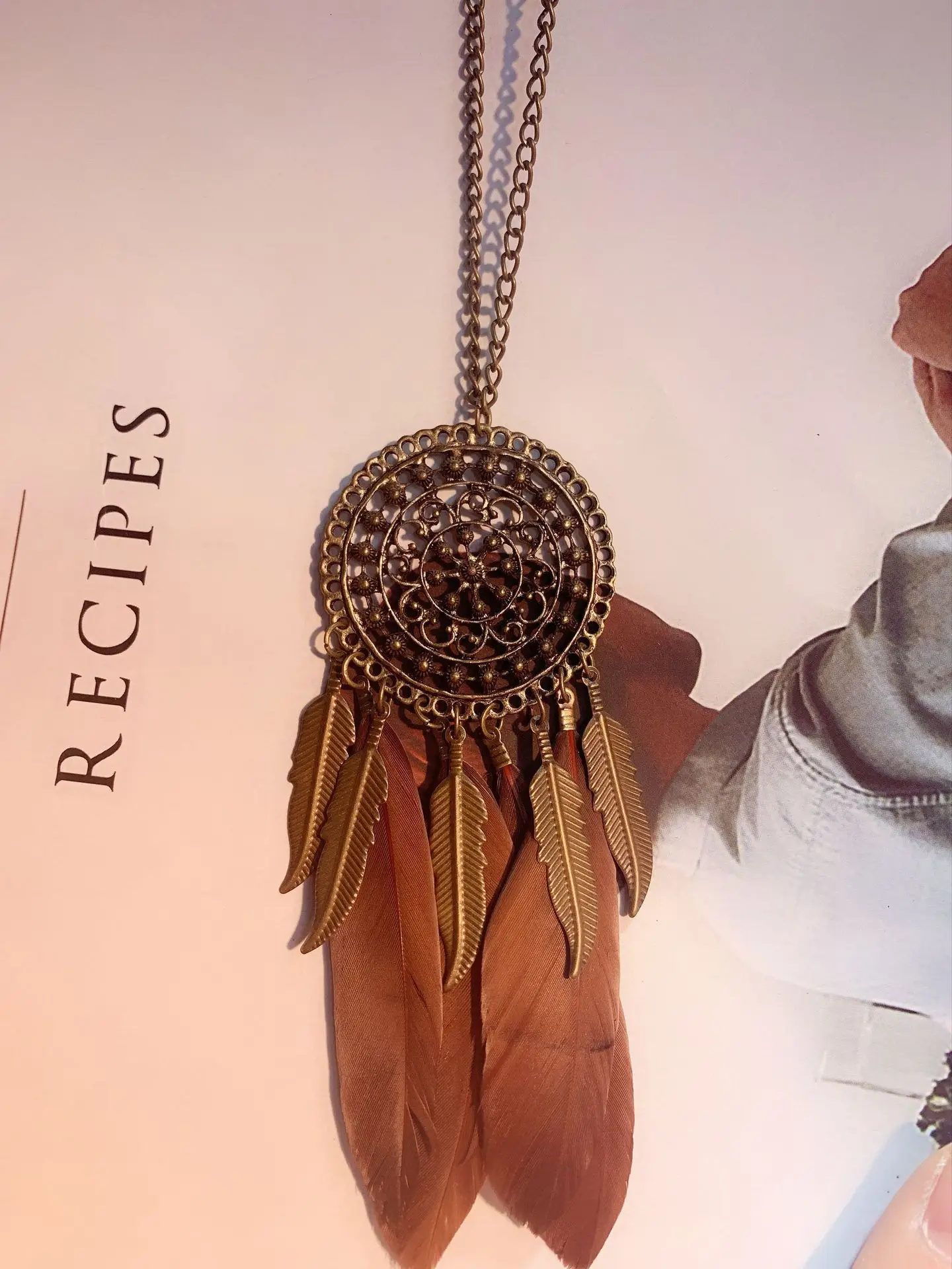 Retro Feather Necklace Pink Bohemian Long Pendant - Image 6