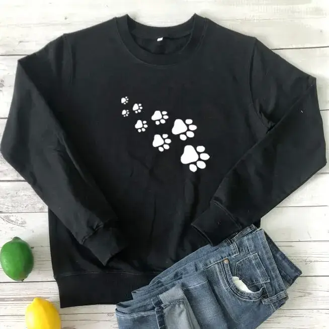 Pink Paw Print Round Neck Sweatshirt for Women
