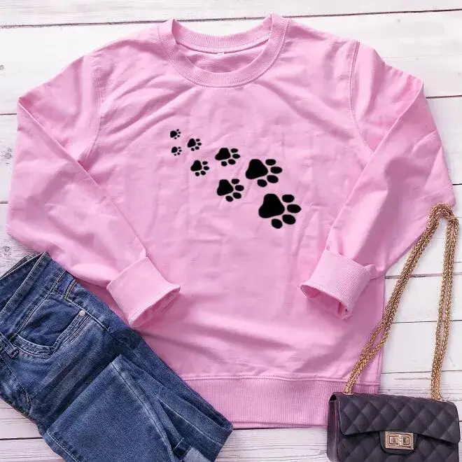 Pink Paw Print Round Neck Sweatshirt for Women