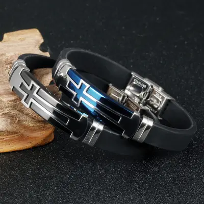 Men's Retro Cross Bracelet Black Silicone Wholesale - Image 4