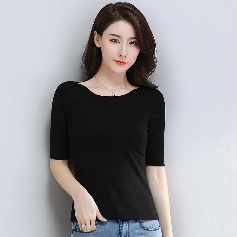 Women White 3/4 Sleeve T-Shirt Mid Collar Slim Fit